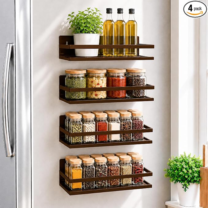 SMRCAD 4 Pack Metal Magnetic Spice Rack for Fridge – Heavy-Duty | Iron Construction, Rust-Resistant, Dust-Resistant, Fits Condiment Bottles, Includes Screws for Optional Wall Mount by SMRCAD
