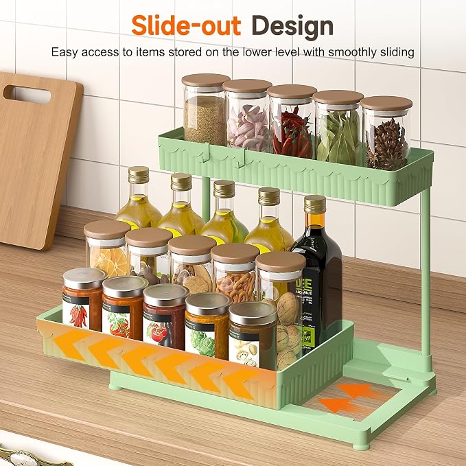 3-Pack 2-Tier L-Shaped Under Sink Organizers with Sliding Drawers | Multi-use kitchen & bathroom storage, 12.85 inch green cabinet organizer, space-saving sliding drawer design. - Image 3