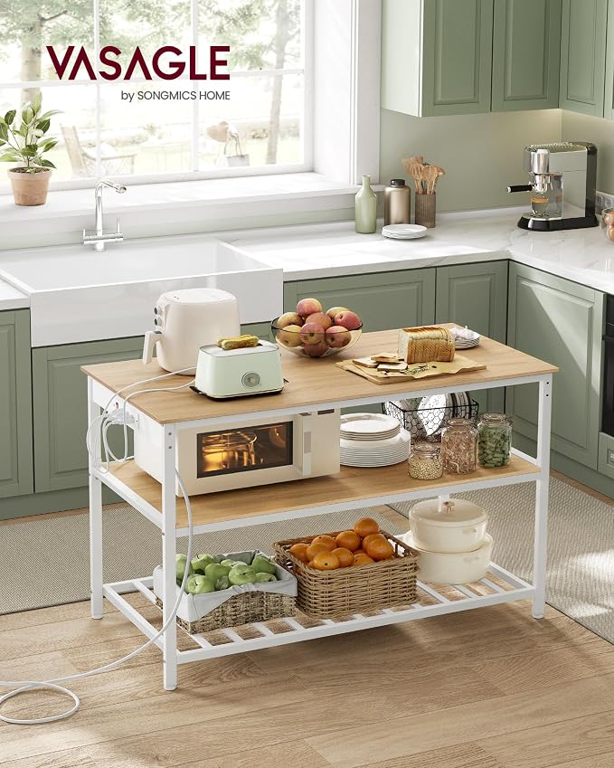 VASAGLE Kitchen Island with 3 Shelves, Kitchen Shelf with Power Strip, 23.6 x 47.2 x 34.9 Inches, Large Worktop, Steel Structure, Industrial, Easy to Assemble, Oak Color and White UKKI101Y01 - Image 2