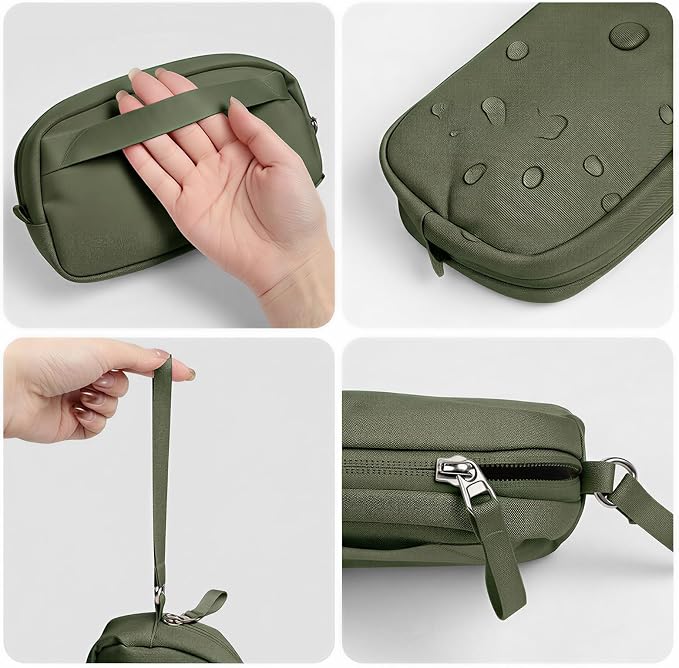 Waterproof Tech Organizer Bag for Cables & Chargers, Army Green | Features 8 compartments for 3ft+ cords, padded lining for protection, and 8 cable ties. 8.66x5.12x2.36 inches. - Image 5