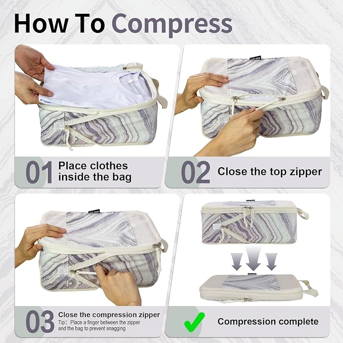 Compression Packing Cubes for Travel Essential, 4 Set Compression Bags for Travel Packing Organizer, Expandable Compression Cubes for Travel, Standard, Marble Pattern - Image 4