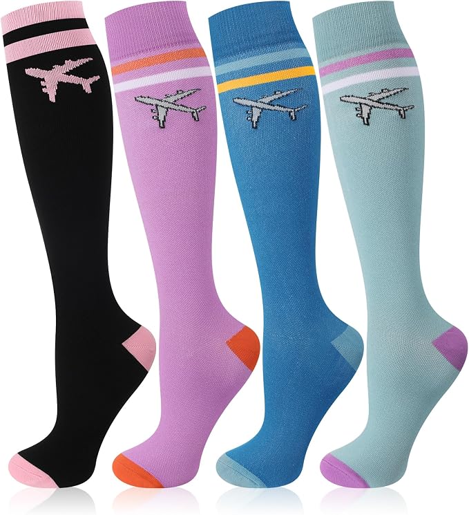 Skicuff 4 Pairs Travel Compression Socks for Women Men | 15-25mmhg Graduated Knee High Socks, Flying Support Stockings for Long Haul Flight, Nurses, Airplane, Travel, Pregnancy by Skicuff