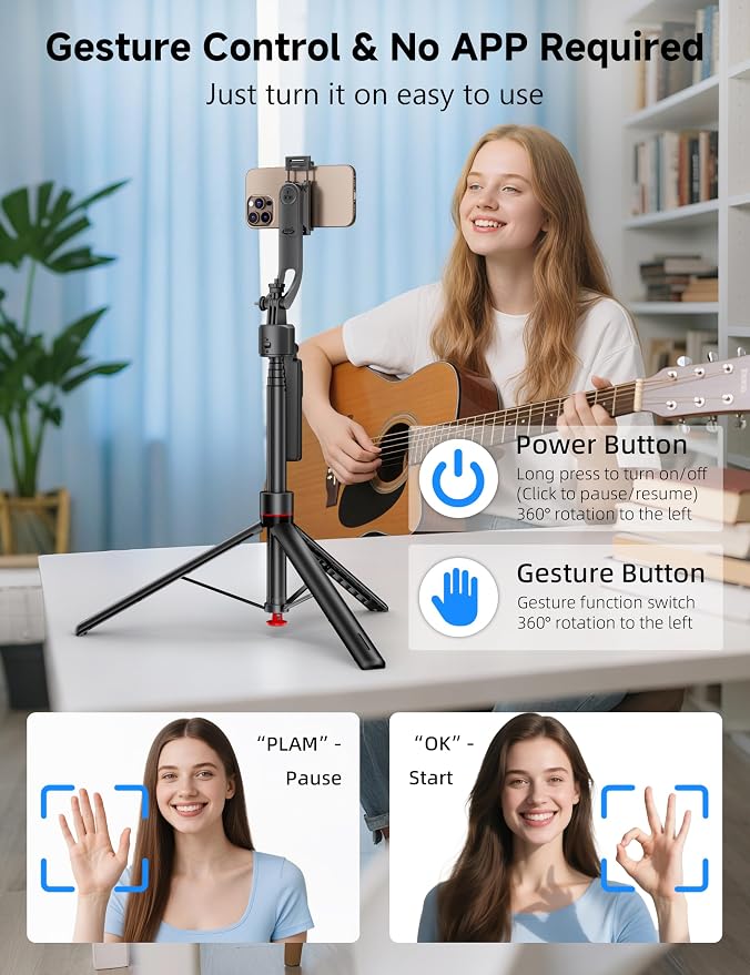 69'' Auto Face Tracking Selfie Stick Tripod Stand, Automatic Phone Tripod, Auto-Open Travel Tripods for iPhone/Cell Phone with Remote, Gesture Control, No App, Built-in AI Camera for Vlog Recording TK - Image 5