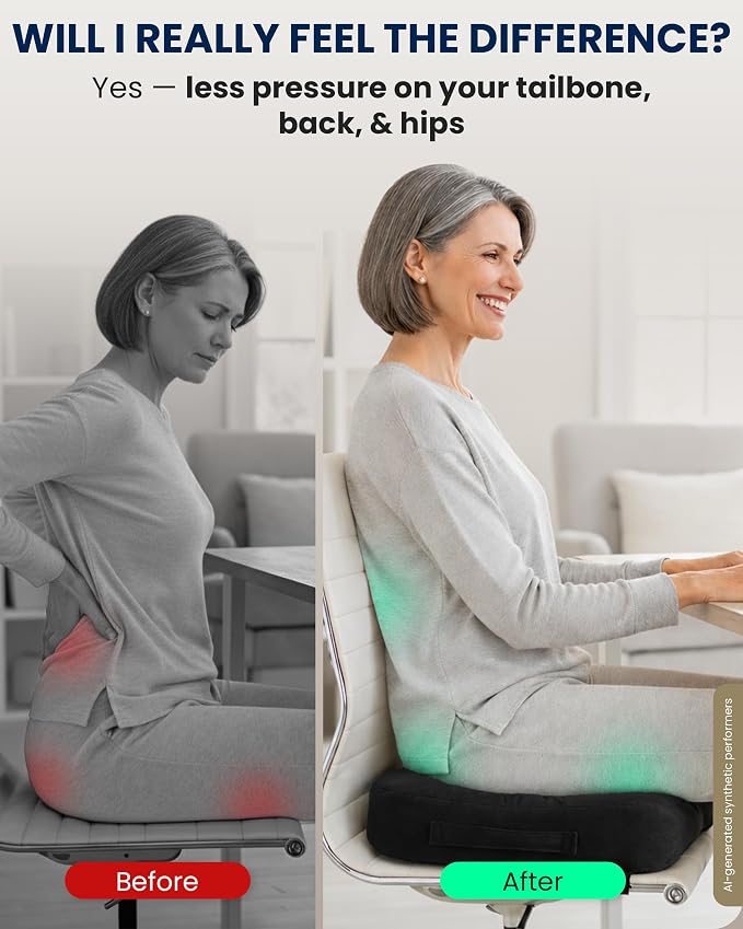 5 STARS UNITED Seat Cushion - Memory Foam Chair Cushion for Tailbone Pain Relief - Ergonomic Support for Coccyx, Sciatica & Butt - Office, Desk & Gaming Chair, Car Seat, Wheelchair, Airplane, Black - Image 7