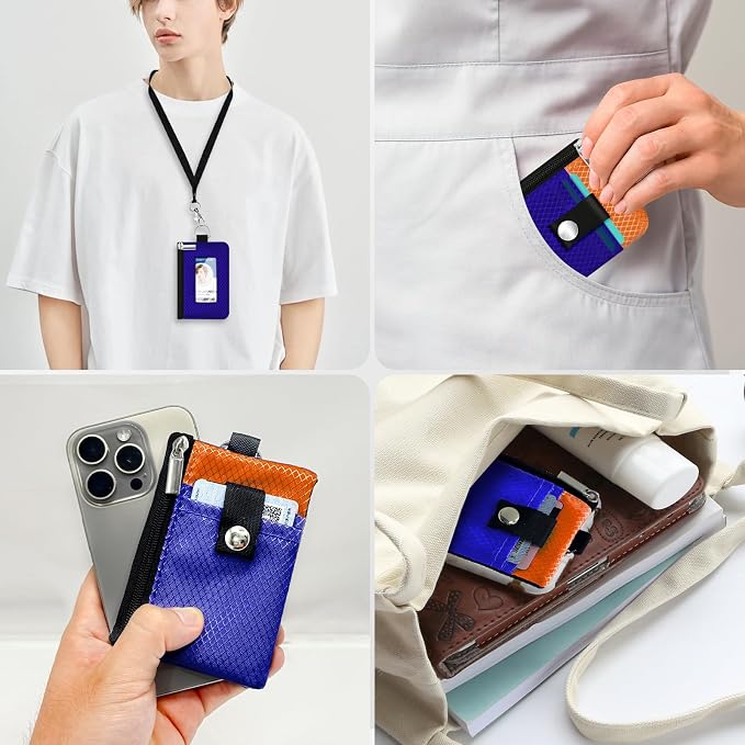 Minimalist RFID Blocking Small Wallet with ID Window,WaterResistant Zip Id Case Wallet with Lanyard Keychain for Cards,Cash,Travel,Women,Men (Sapphire Blue/Orange) - Image 9