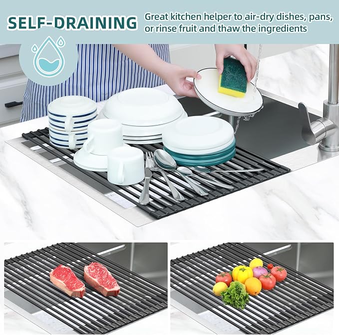 Ohuhu Over The Sink Dish Drying Rack, 20.5" W x 13.1" L Rolling Dish Drainer Foldable Sink Accessories Heat-Resistant Mat Anti-Slip Silicone Coated Dish Racks for Kitchen Counter - Image 3