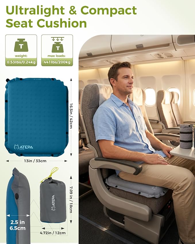 ATEPA Inflatable Seat Cushion | 2" & 2.5" Foam Core Seat Pad, Self Inflating, Compact, Stadium, Airplane, Travel, Camping, Hiking, Sports events - Image 2