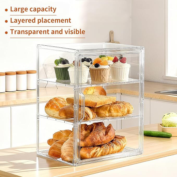 Bread Box for Kitchen Countertop,3 Layers Pastry Display Case, 1 Pack | Adjustable Shelves, Magnetic Door, Clear Acrylic Display, Easy Assembly, Stable Design, for Bread, Cookies, Cakes & Pastries - Image 6