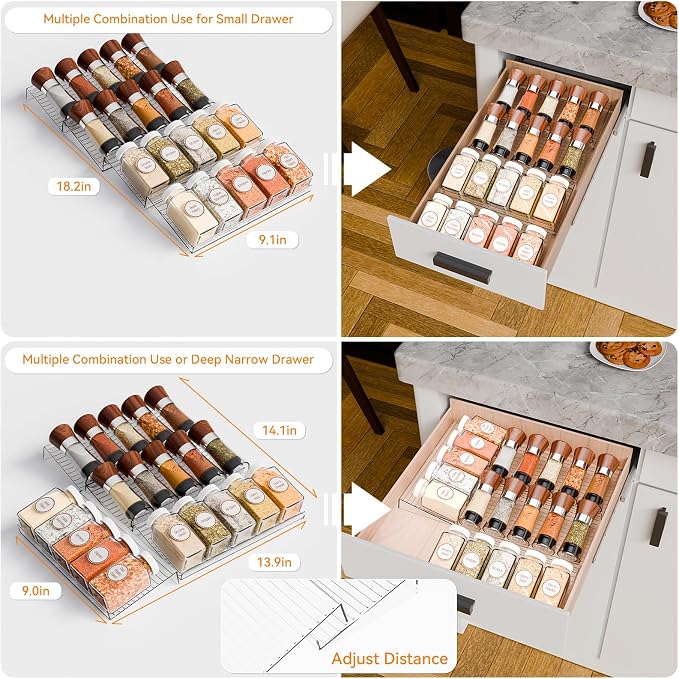 4 Pack Adjustable Narrow In Drawer Spice Organizer - Expandable From 9'' to 17.7'' - Acrylic Drawer Seasoning Organizer,Clear Spice Drawer Insert Tray for Drawers Condiment,Jar Organization - Image 6