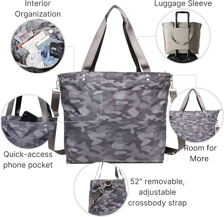 Baggallini Carryall Tote - Lightweight Nylon Zipper Top Weekender Travel Beach Bag w/Luggage Sleeve - Image 5