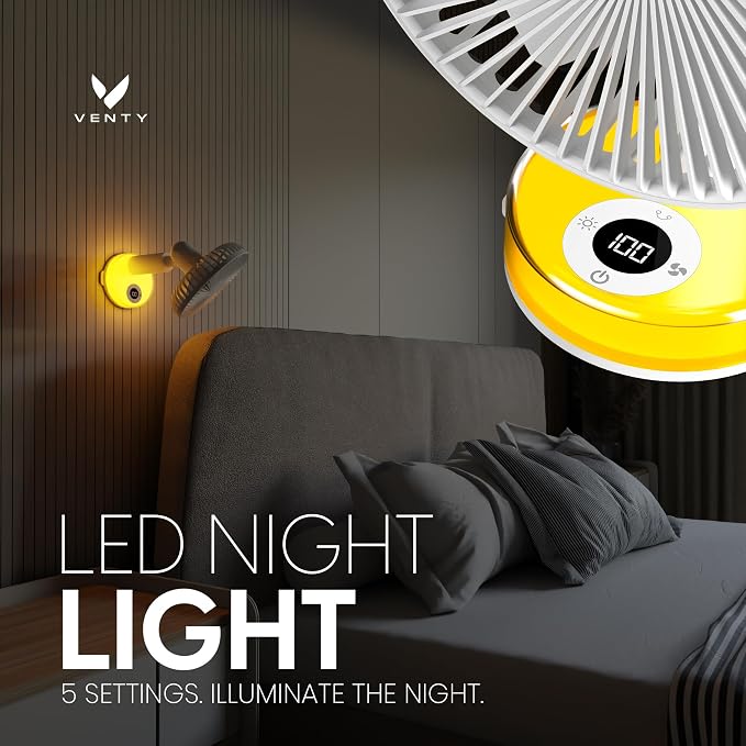 VENTY Portable Clip Fan - Rechargeable 10-Hour Battery Portable Fan - 360° Rotation & 90° Tilt - Stroller Fan, Desk Fan or Bedside Fan - Aromatherapy & LED Light - USB-C Rechargeable Clip On Fan - Image 6