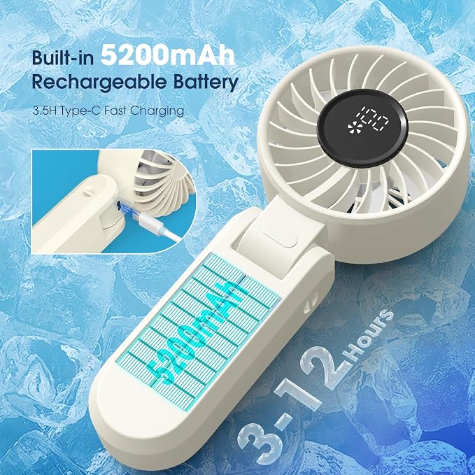 【5200mAh】Portable Handheld Fans for Travel, High-Speed Motor, Rechargeable Hand Held Fan, 5 Speed,180°Foldable, Small Personal Fan,4-IN-1 Hand/Desk/Waist/Neck Fans,Summer Beach Travel Essentials - Image 4