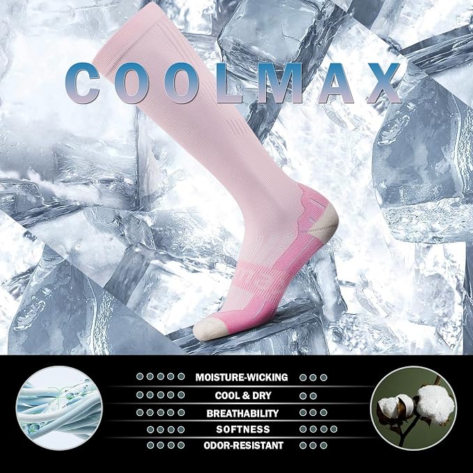 BRISIRA Coolmax Cooling Compression Socks for Women 2 Pairs Knee High 15-20 mmHg Arch Support for Nurse Pregnancy Flying | 2 Pair, Arch Support, Anti Blister, Breathable, Moisture Wicking, Cushioned, Flying, Nurses, Pregnancy, Travel - Image 3