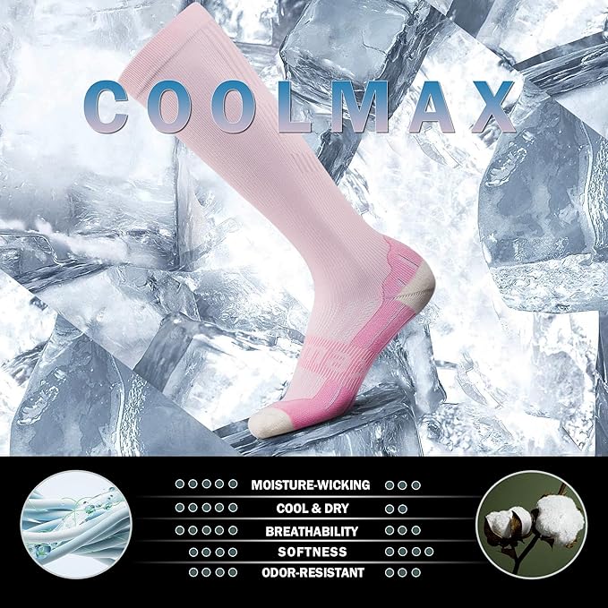BRISIRA Coolmax Cooling Compression Socks for Women 2 Pairs Knee High 15-20 mmHg Arch Support for Nurse Pregnancy Flying | 2 Pair, Arch Support, Anti Blister, Breathable, Moisture Wicking, Cushioned, Flying, Nurses, Pregnancy, Travel - Image 3