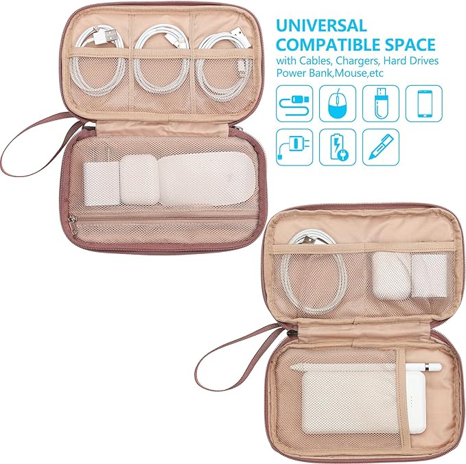 NISHEL Electronics Travel Organizer Cord Case, Charger Cable Tech Bag | Double-layer bag keeps chargers, cables, flash drive, and small tech essentials organized for trip, Medium, Rose-wood Pink - Image 2