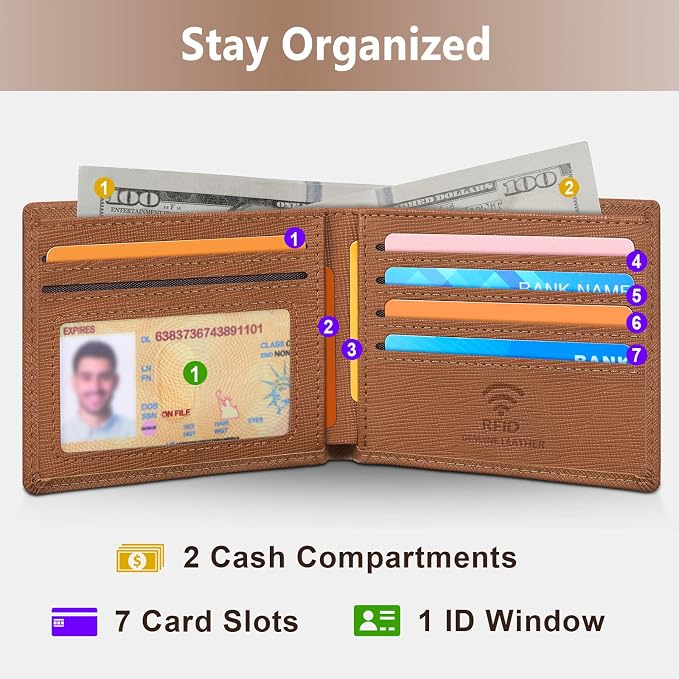 Travelambo Leather Wallet for Men, Slim Minimalist RFID Credit Card Holder | Mens Thin Bifold Pocket Wallet, Gift for Father, Crosshatch Brown - Image 2