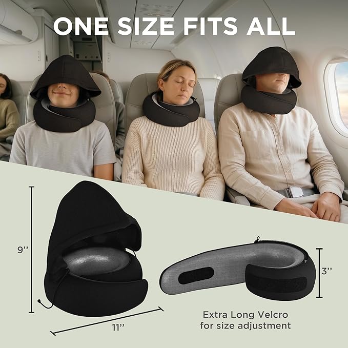 Dot&Dot Travel Pillow Neck Pillow with Hood for Airplane Sleeping, Memory Foam Pillow with Chin Support, Detachable Hoodie, Washable Cover, Adjustable Velcro Fit for Flights, Car & Office - Image 3