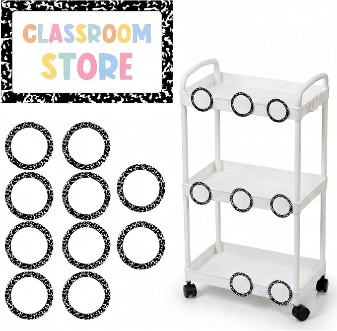 Gerrii Classroom Management Tool Classroom Store 3 Tier White Rolling Cart with Sign Blank Round Cards Round Stickers, Multipurpose Organizer for Office, Home, Book, Supply Storage by Gerrii