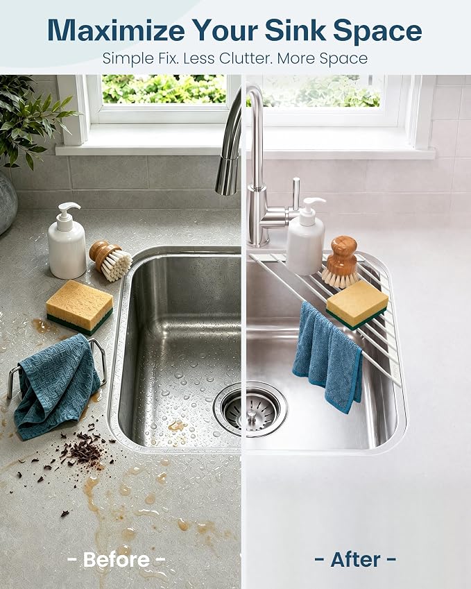 Ohuhu Corner Sink Strainer, Sponge Holder for Kitchen Sink Organizer - Silicone Wrapped Steel Anti Slip Rust Triangle Over the Sink Roll-UP Dish Drying Rack Caddy Kitchen Sink Accessories - Image 2