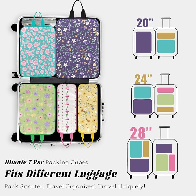 7 Pcs Compression Packing Cubes Travel for Suitcases, Luggage Organizer Lightweight Storage Bags Set for Backpack Travel- Packaging Cubes for Carry-Ons and Storage - Image 4
