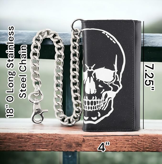 F&L CLASSIC RFID Blocking Mens Tri-fold Long Style Leather Steel Chain Wallet,black skull,212-50 - Image 2