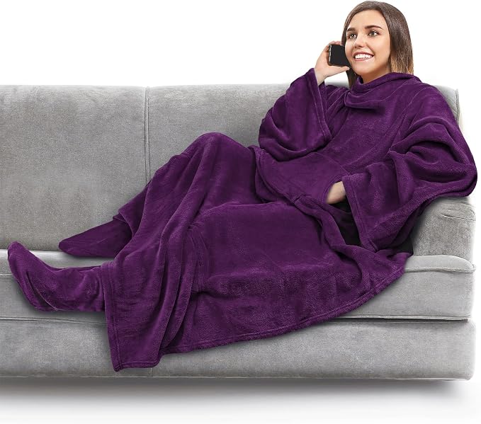 PAVILIA Fleece Blanket with Sleeves, Foot Pockets for Women Men Adults, Plush Wearable Blanket Throw Wrap, Warm Snuggle Blanket Robe, Cozy Gift Ideas Wife Mom, Dark Purple by PAVILIA