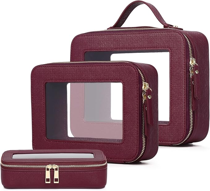 Pinkmik Clear Makeup Bag, (Burgundy, L+M+SLIM) | 3pcs, With Brush Bag, Waterproof Travel Case, For Cosmetics and Toiletries, With Zipper by Pinkmik