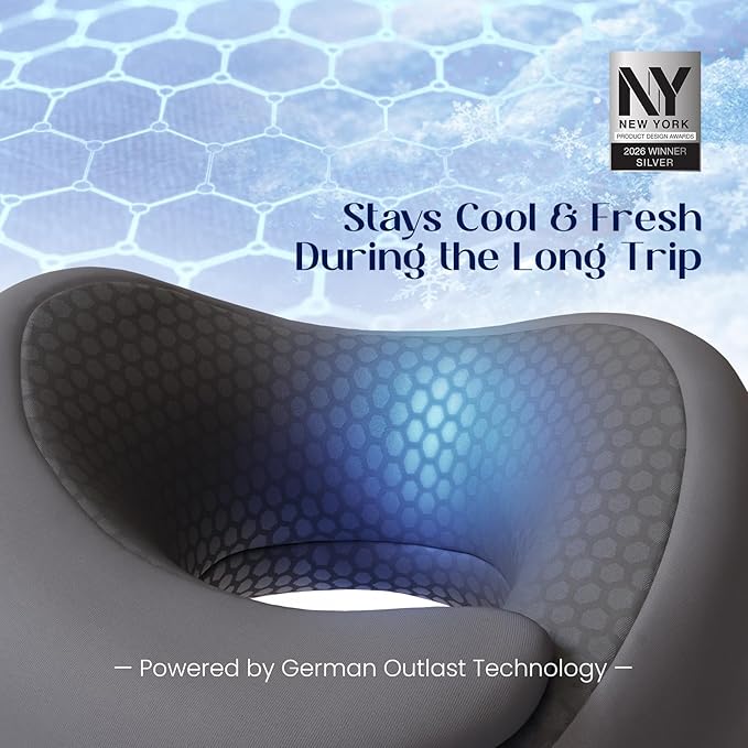 Dream Valley® Neck Travel Pillow, Memory Foam Travel Pillow for Airplane, Portable Roll-Up Neck Pillow with Cooling Inner Fabric, 360° Ergonomic Support, No Head Bobbing, Charcoal Gray - Image 2