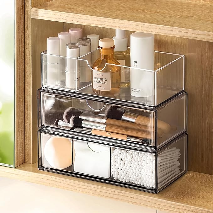 PAVSTINE Medicine Cabinet Organizer 3 Pack, Plastic Stackable Storage with 2 Drawers, Bathroom Mirror Cabinet Organizer with Removable Dividers for Wall Cabinet, Vanity, Countertop, Clear by PAVSTINE