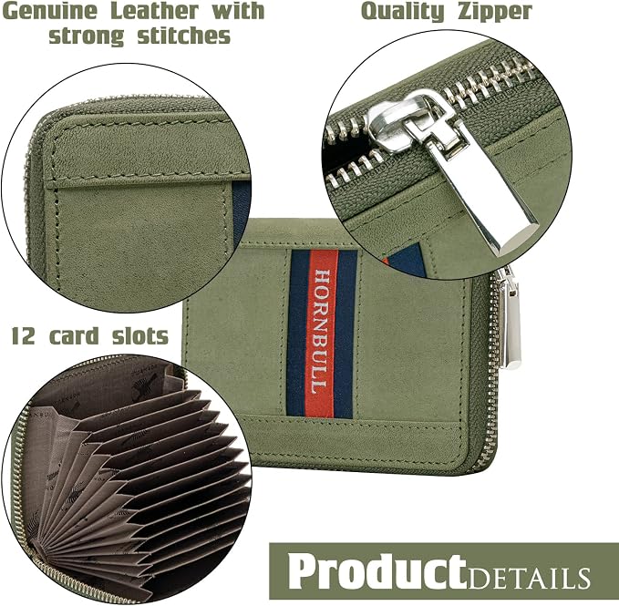 HORNBULL Steve RFID Blocking Leather Wallet for Men | Vertical Credit Debit Card Holder, Zip Around Wallet (Green Card Holder) - Image 6