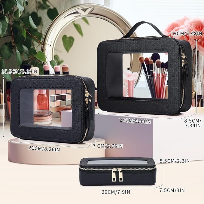 Pinkmik Clear Makeup Bag with Brush Bag, (Black, L+M+SLIM), 3pcs | With Brush Bag, Waterproof Travel Case, For Cosmetics and Toiletries, With Zipper - Image 2