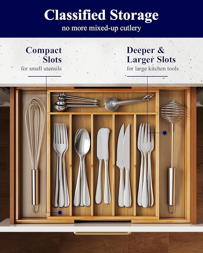 Kitsure Silverware Organizer, Bamboo Kitchen Drawer Tray, Natural, Large | Expandable Drawer Kitchen Organizer, Cooking Utensils & Cutlery, Sturdy & Thickened Design, Storage Solution - Image 4