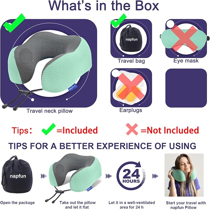 napfun Neck Pillow for Travel, Memory Foam Airplane Pillow, Turquoise | 360° Neck Support, Upgraded 100% Memory Foam for Airplane, Car, Train, Bus, Office Sleep, Travel Essentials for Long Flights - Image 5