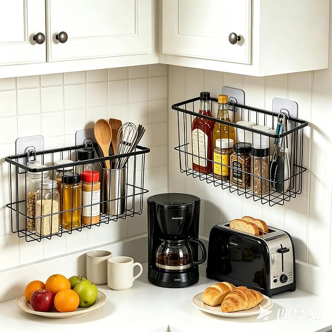 2 Pack Cabinet Door Organizer, Adhesive Wall Mounted Storage Basket for Food Container & Tumbler Lids, Kitchen Storage Organizer for Inside Cabinet Doors, Pantry, Bathroom, Refrigerator & RV - Image 4