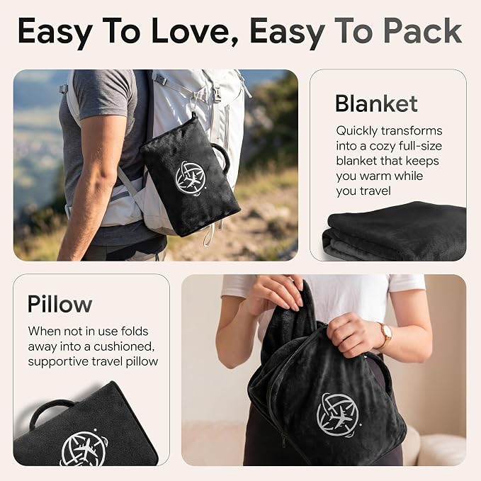 2-in-1 Travel Blanket and Pillow – Lightweight, Compact, Ultra Soft, Machine Washable – Handle, Luggage Sleeve, Backpack Clip – for Travel Airplane, Car, Office (Black) - Image 4