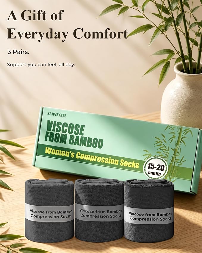 Compression Socks for Women 15-20 mmHg, Viscose from Bamboo, 3-Pair Knee High for Flying, Work & All-Day Comfort - Image 6