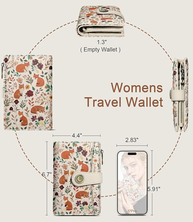 Fox Wallet Women RFID, Passport Holder, Small Credit Card Holder | 6.7" x 4.4" x 1.3" Bifold, Travel billfold, Zipper Pocket, PU Leather, Clutch, Purse, ID Window, Pen Holder, Gift Ladies Girl - Image 5
