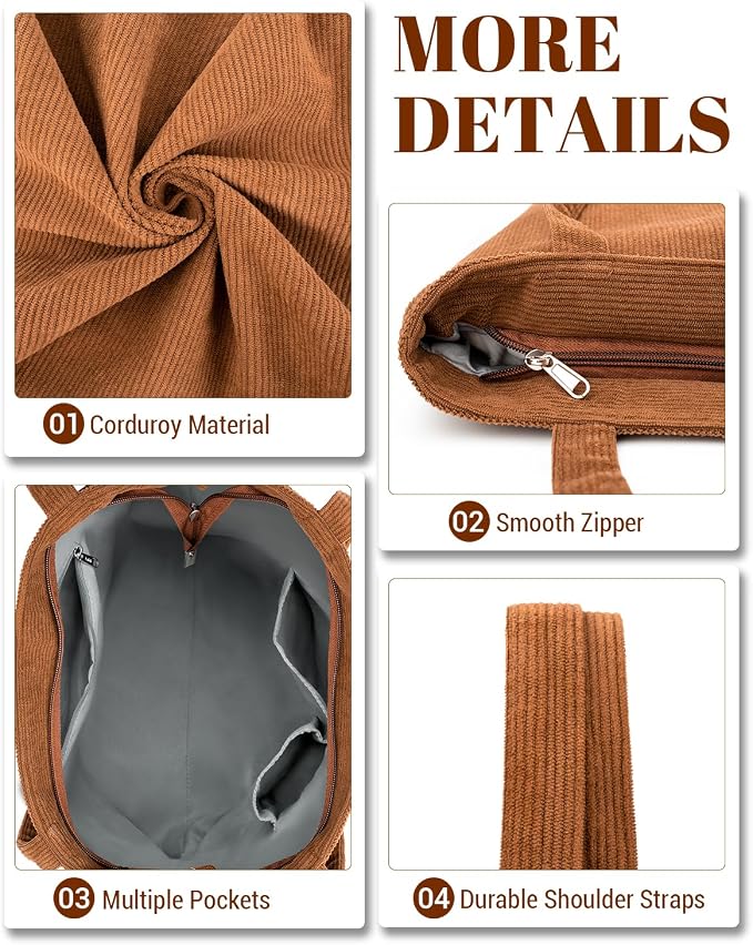 Iioscre Corduroy Tote Bag for Women,Hobo HandBags with Zipper | Large Capacity Casual Shoulder Bag with Inner Pockets for Shopping Work Daily Travel. - Image 7
