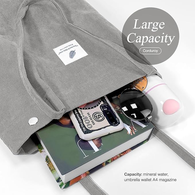 LHMTQVK Corduroy Tote Bags for Women, Large Capacity Tote Purse Reusable Grocery Shoulder Bag with Inner Pockets - Image 4
