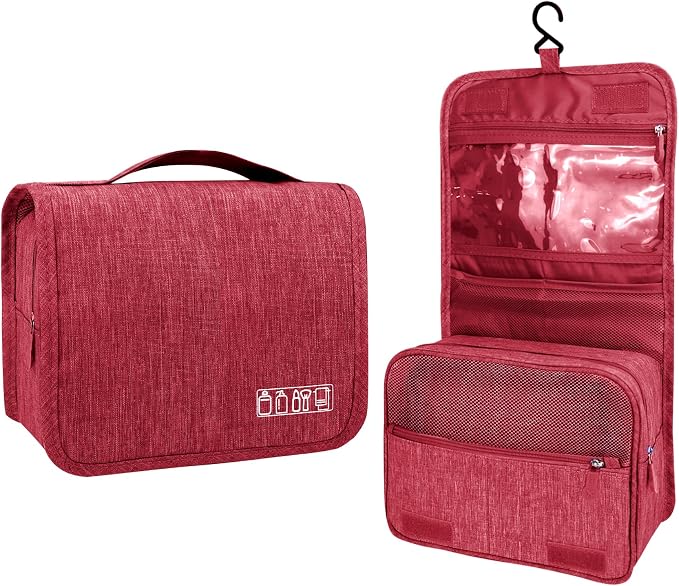 Lcsmaokin Large Capacity Toiletry Bag Travel Bag with Hanging Hook for Men and Women Waterproof Travel Cosmetic Bag Bathroom Storage Bag for Brushes Set, Full-Sized Shampoo, Toiletries, Wine Red by Lcsmaokin