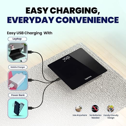 Digital Bathroom Scale for Body Weight - Highly Accurate Weight Scale for People with LED Display, Rechargeable Battery, 400 lb Capacity, Step-On Technology, KG/LB, C-Type Cable - Image 3