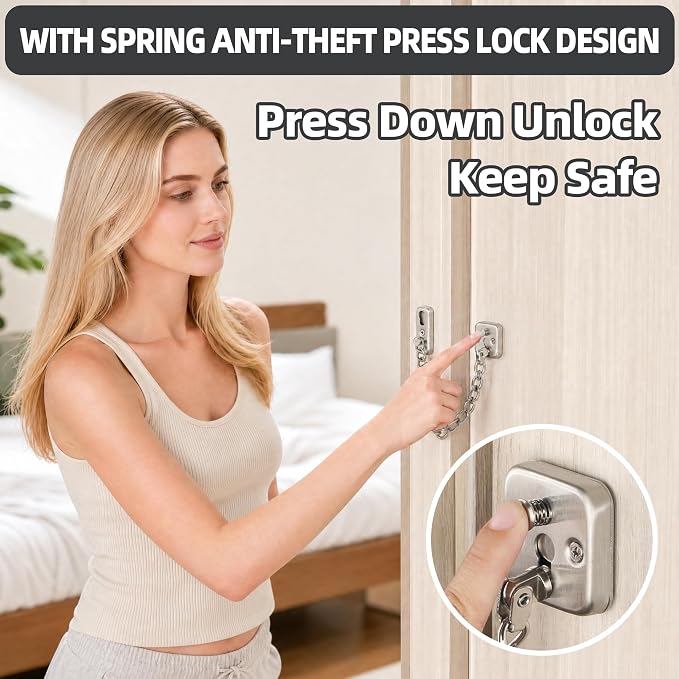 Mooche Door Chain Lock, Chain Door Lock with Spring Anti-Theft Press Lock | Thickened Stainless Steel Door Latch Guard with Screws for Interior Outdoor Toilet Barn Fence Garage (Brushed) - Image 5