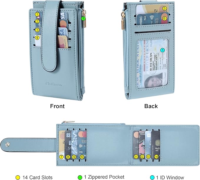 Chelmon Women's RFID Slim Card Holder Wallet | Thin Bifold Multi Card Case with Zipper Coin Pocket Purse for Women(Blue) - Image 3