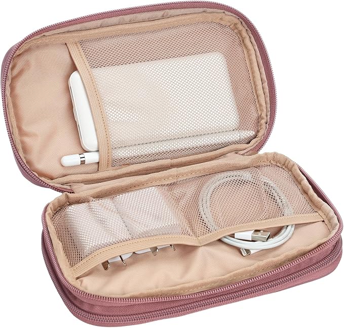 NISHEL Electronics Travel Organizer Cord Case, Charger Cable Tech Bag | Double-layer bag keeps chargers, cables, flash drive, and small tech essentials organized for trip, Medium, Rose-wood Pink - Image 4