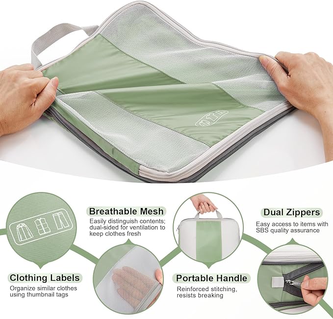 OlarHike 10 Set Compression Packing Cubes for Travel Essentials,Compressible Expandable Space Saver Bags for Organizing Clothes,Luggage Garment Bags with Over 1000 pcs Mesh Holes(Matcha Green) - Image 6