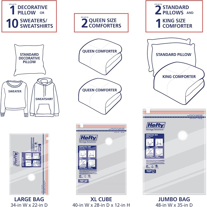 Hefty Shrink-Pak Starter Kit - 2 Large, 1 XL Cube, 1 Jumbo Vacuum Seal Storage Bag and Hand Pump – Space Saver Bags for Clothing, Pillows, Towels, or Blankets, 5 Pc Set - Image 5