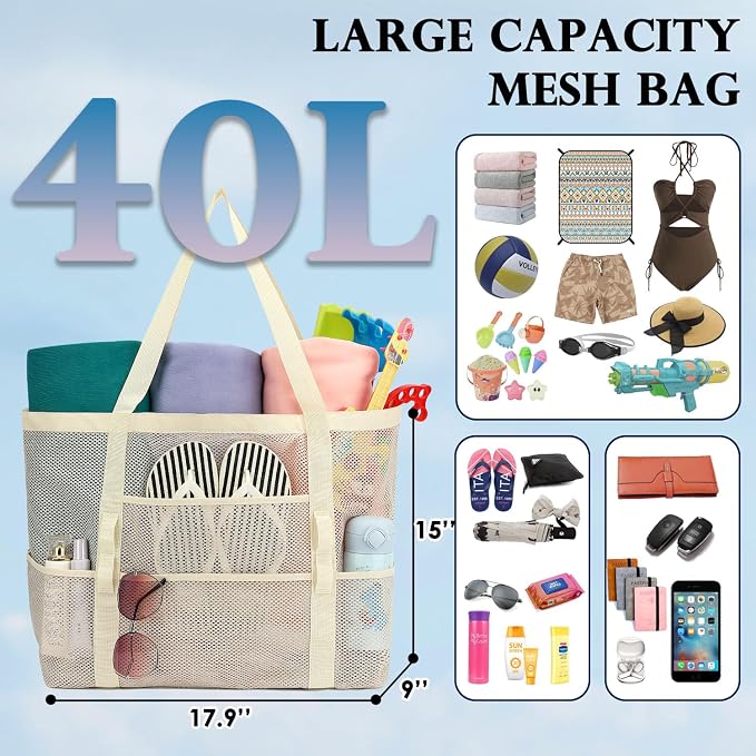 Fammart Mesh Beach Bag for Women, Large Beach Toy Pool Bag with Zipper Pocket, SandProof Cruise Essentials 2026 Family Travel - Image 5