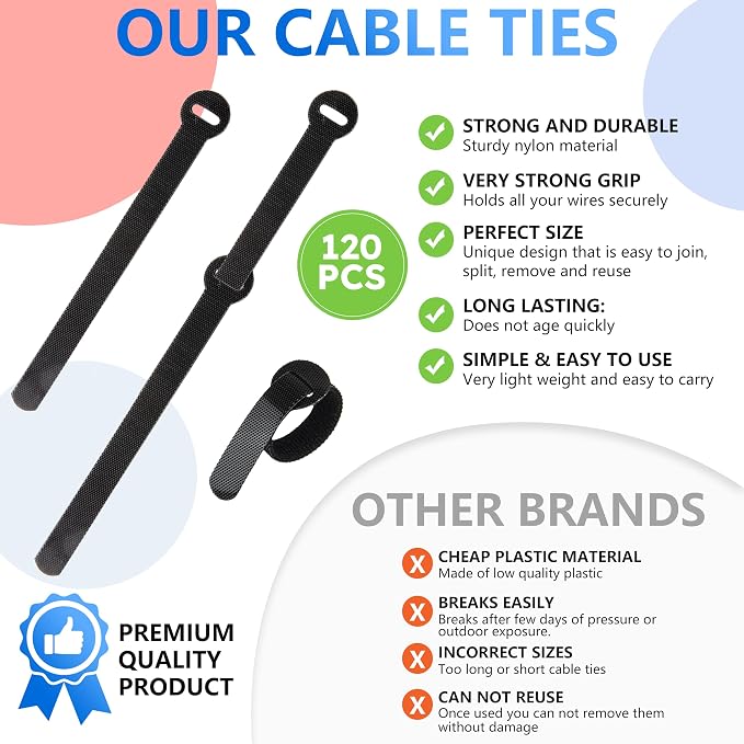 120 PCS 5/6/8 Inch Reusable Cable Ties for Cords – Data Cable Organizer Ties – Cord Wraps for Charging Cords – Electrical Wire Straps, Black - Image 3
