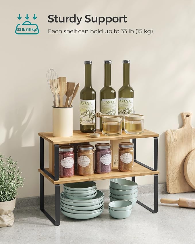 SONGMICS Cabinet Organizer Shelf, Set of 4 Spice Rack, Kitchen Storage | Kitchen Storage, Spice Rack, Steel and Bamboo, Light Bamboo and Matte Black, BYSTRO Collection UKCS210B01 - Image 5