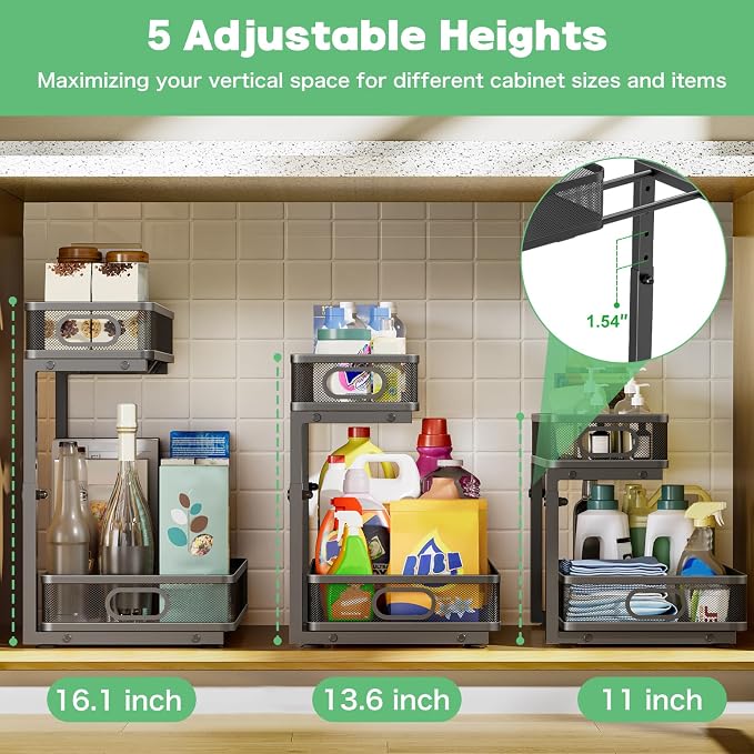 Under Sink Organizer 2 Pack, High Adjustable 2 Tier Under Sink Organizers and Storage, Slide out Metal Cabinet Organizers, Pull out Storage Drawer Shelf for Kitchen Bathroom Cabinet (Black) - Image 5